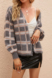 Grey Pink Plaid Hairy Open Knit Cardigans