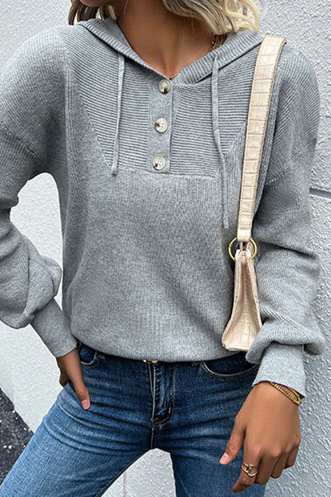 Grey Drawstring Button Hooded Knitting Sweater
