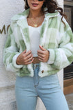 Open Button Fleece Plaid Crop Jackets