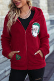 Red Santa Patchwork Zipper Pockets Fleece Hooded Coat