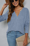 Plain V Neck Waffle Knit Pocketed Long Sleeves Top