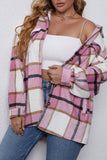 Winter Outfits Plus Size Pink Lapel Button Up Pocket Plaid Shacket