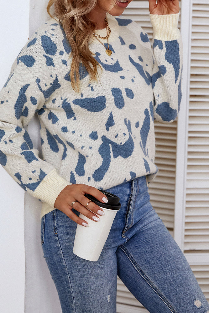 Cow Print Long Sleeve Pullover Sweater