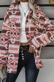Pink Tribal Print Pocket Buttoned Sherpa Winter Outfits Jacket