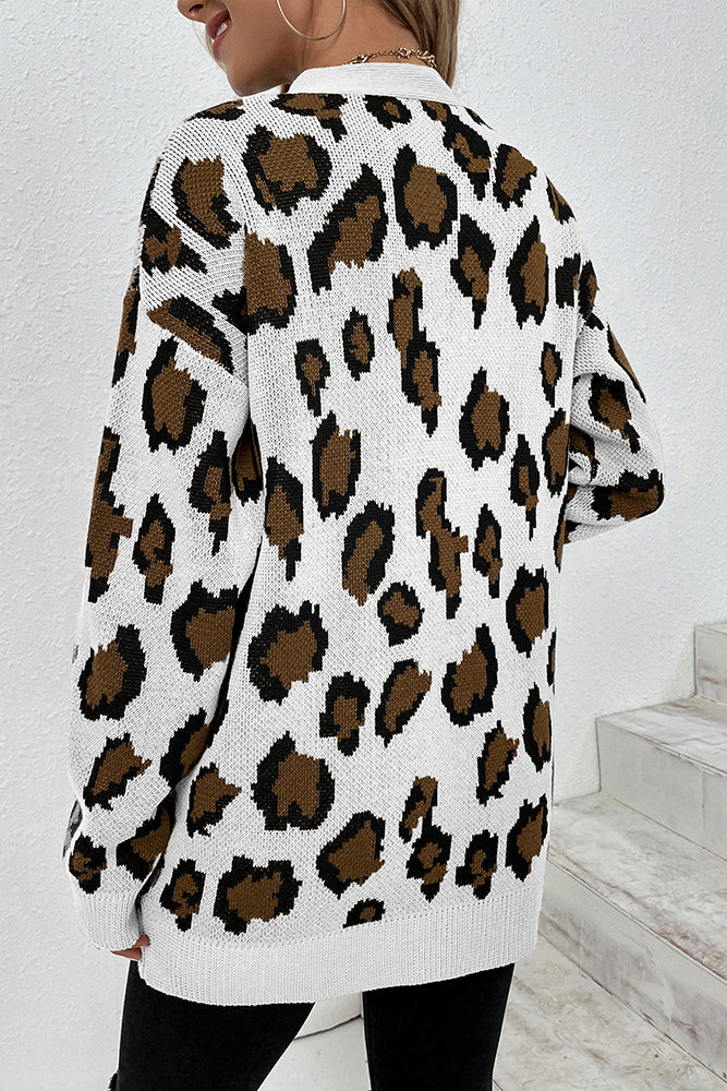 Winter Outfits Leopard Knit Pocketed Open Front Sweater Cardigans
