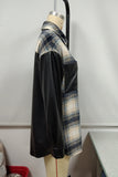 Winter Outfits PU Leather Splicing Plaid Shacket Coat