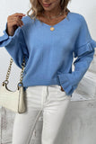 Winter Outfits Plain V Neck Ruffle Sleeves Pullover Sweaters
