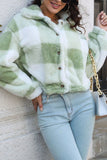 Open Button Fleece Plaid Crop Jackets