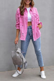 Lapel Ripped Raw Hem Buttons Denim Coat