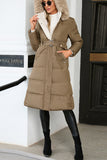 Plain Long Length Down Coat with Belt and Fur Hooded