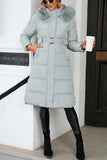 Plain Long Length Down Coat with Belt and Fur Hooded