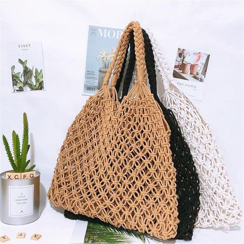 Shoulder Woven Bag Handbag Handmade Cotton Rope Net Bag Beach Bag