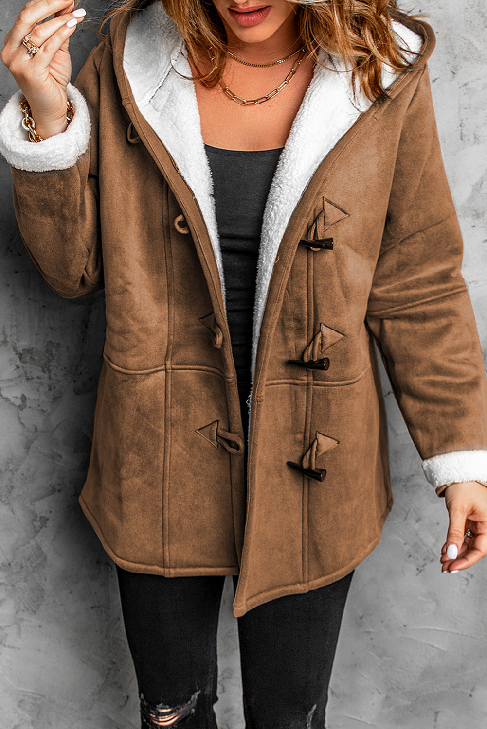 Brown Fleece Suede Mid-length Hooded Coat