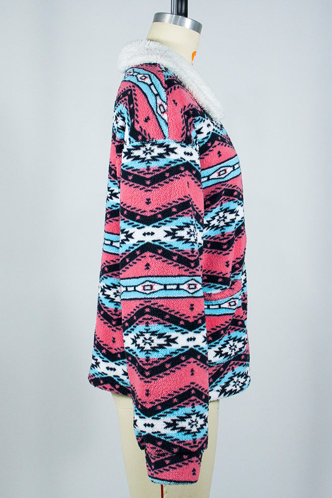 Open Zipper Aztec Print Fleece Winter Outfits Coat