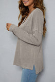 Plain V Neck Waffle Knit Pocketed Long Sleeves Top