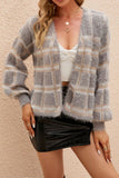 Grey Pink Plaid Hairy Open Knit Cardigans