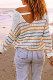 Orange Striped Winter Outfits Knitted V Neck Sweater