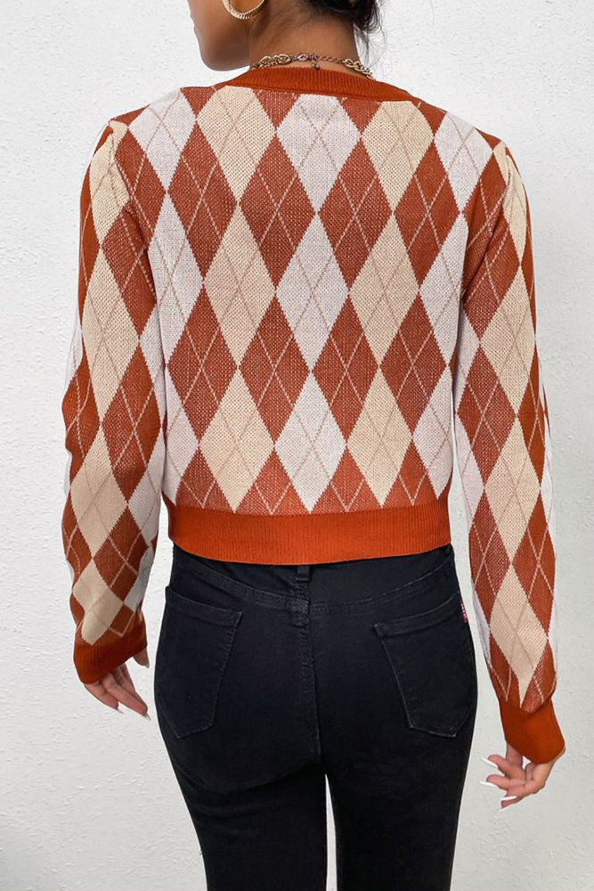 Brown Diamond Knit Pullover Sweaters