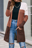 Latte Color Block Pocket Long Open Cardigans