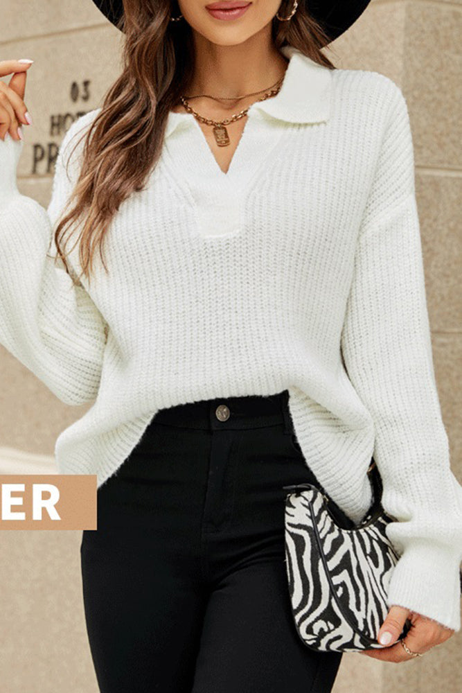 Autumn Outfits Lapel Collar Cut V Neck Knit Sweaters